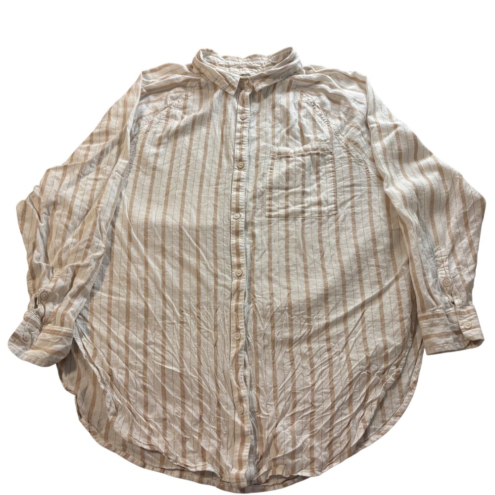 Aerie Striped Button Down Shirt Tan White Oversized Long Sleeve S Layering Work
